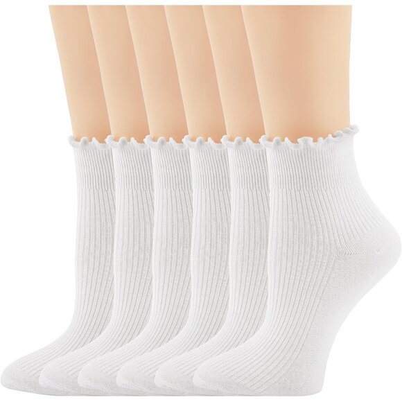 White Women's Ruffle Ankle Socks  6 Pairs Cute Frilly Cotton Crew Socks - Picture 1 of 6